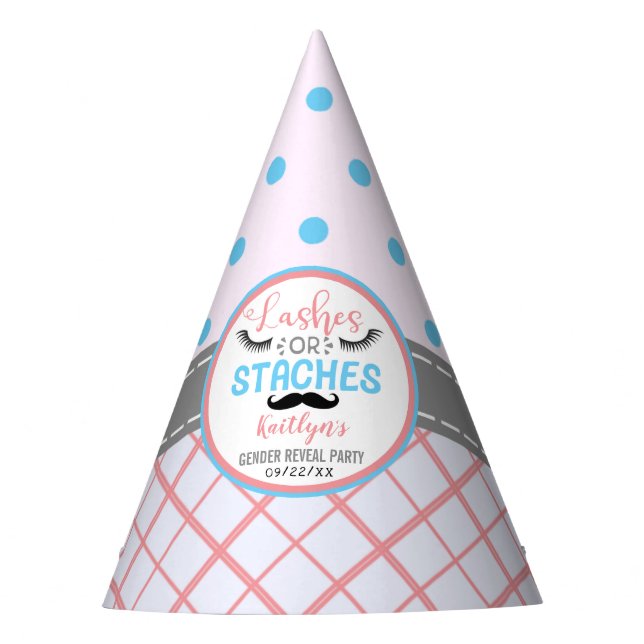 "Lashes Or Staches" Modern Gender Reveal Party Hat (Front)