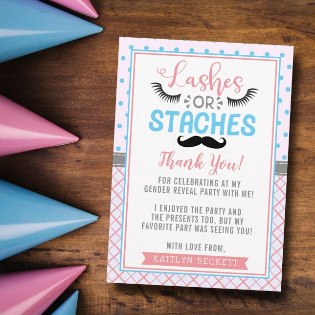 "Lashes Or Staches" Modern Gender Reveal Party Thank You Card (Creator Uploaded)