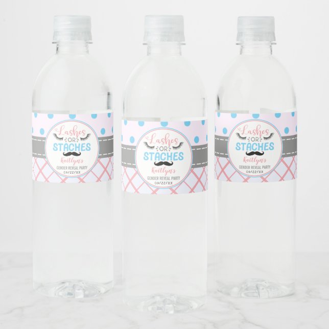 "Lashes Or Staches" Modern Gender Reveal Party Water Bottle Label (Bottles)
