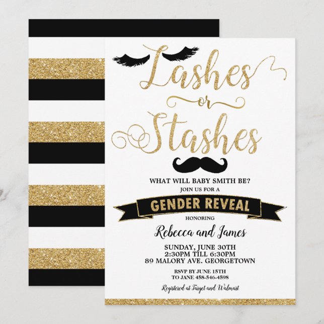 Lashes or Stashes Gender Reveal Baby Shower Gold Invitation (Front/Back)