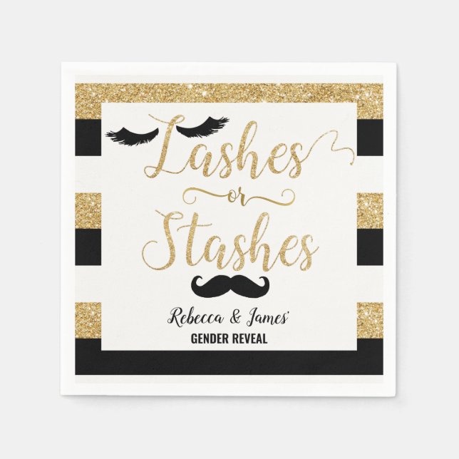 Lashes or Stashes Gender Reveal Baby Shower Gold Napkin (Front)