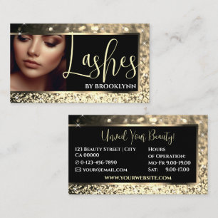Lashes Photo Template Golden Sparkling Glitter Business Card