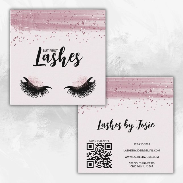 Lashes Pink Glitter Modern QR Code  Square Business Card (Fully customizable, your business name or logo can be added to front.)
