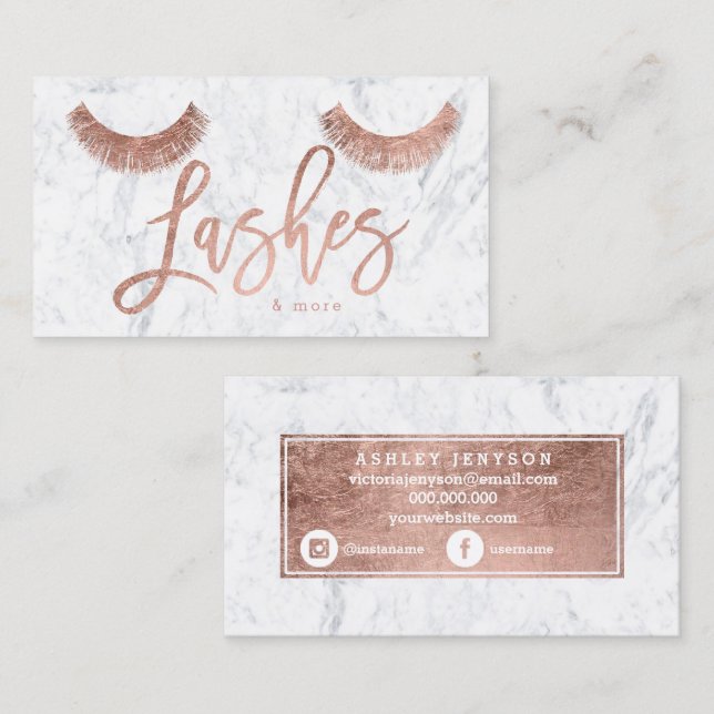 lashes rose gold typography white marble media business card (Front/Back)