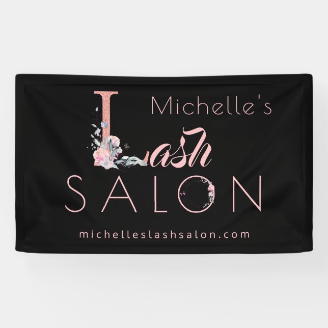 Lashes salon your name floral glitter pink black banner (Horizontal)