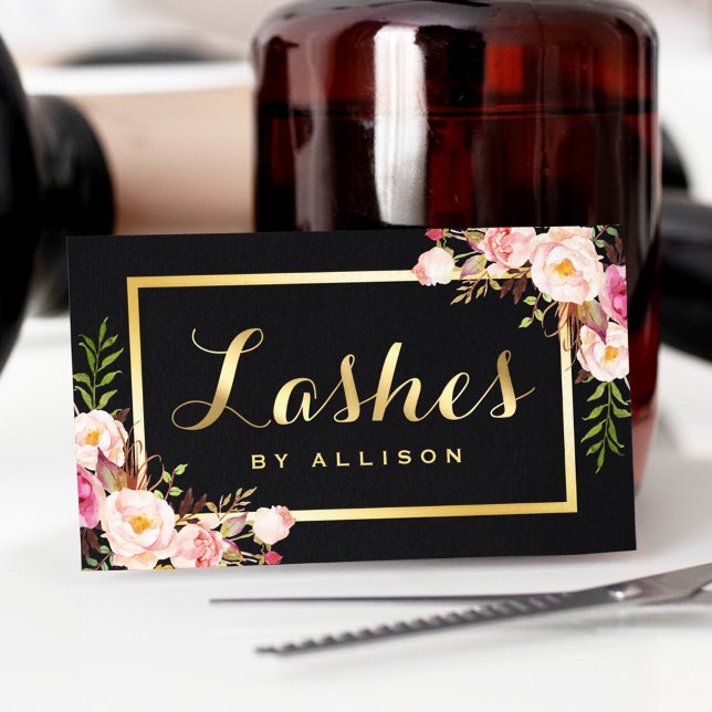 Lashes Script Modern Makeup Black Gold Floral Business Card (Creator Uploaded)