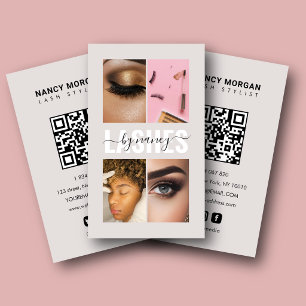 Lashes Script Photo Collage Qr Code Beige Business Card