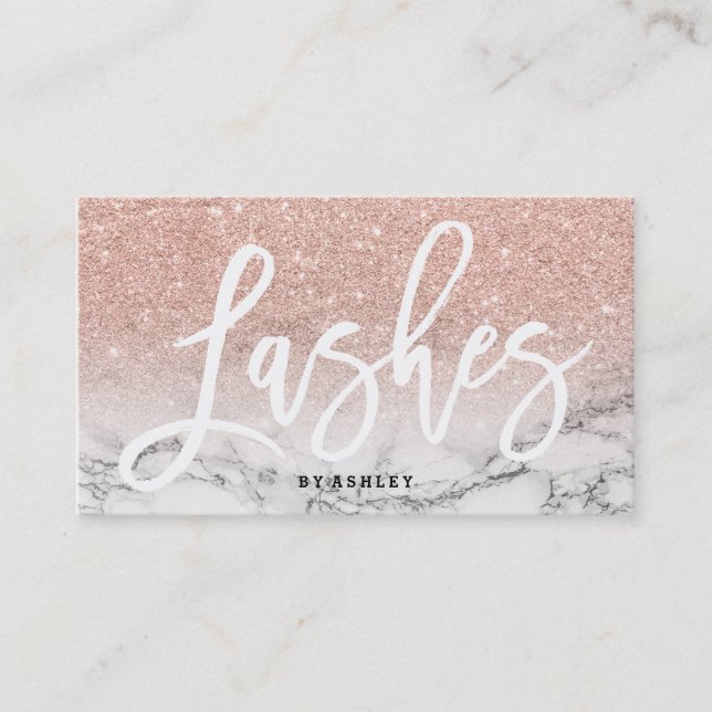 Lashes typography rose gold glitter marble business card (Front)