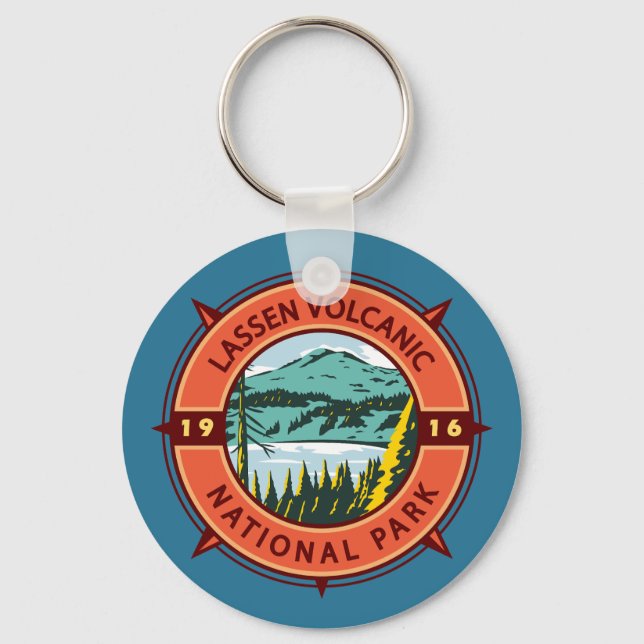 Lassen Volcanic National Park Retro Compass Emblem Key Ring (Front)