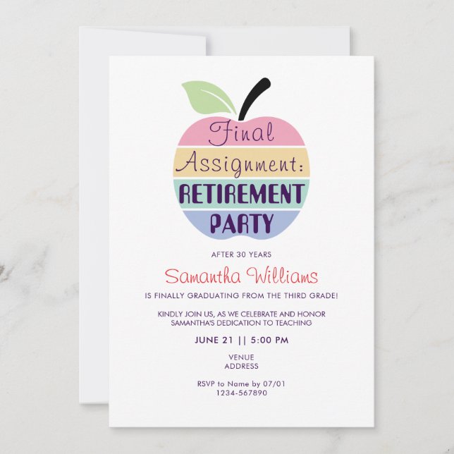 Last Assignment Apple Teacher Retirement Party Invitation (Front)