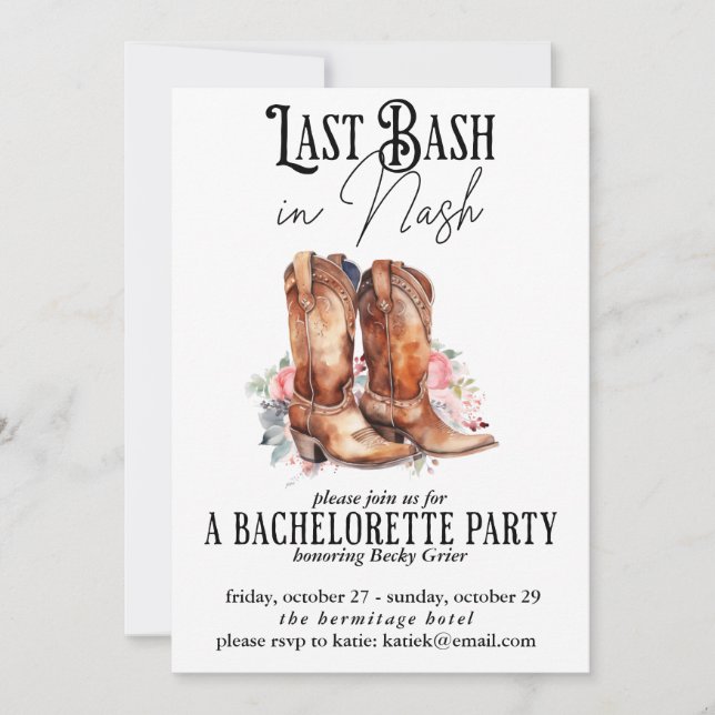 Last Bash in Nash Bachelorette Party Floral Invitation (Front)