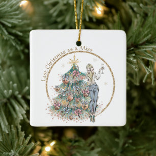 Last Christmas as a Miss   Denim Lady and Tree Ceramic Ornament