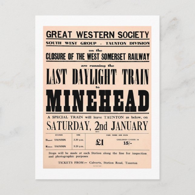 Last daylight train to Minehead UK Postcard (Front)
