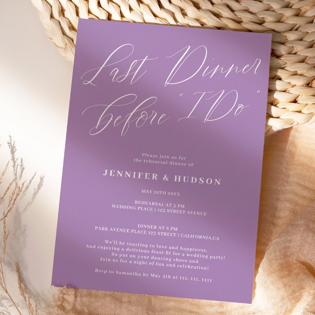 Last dinner purple wedding rehearsal dinner invitation (Creator Uploaded)