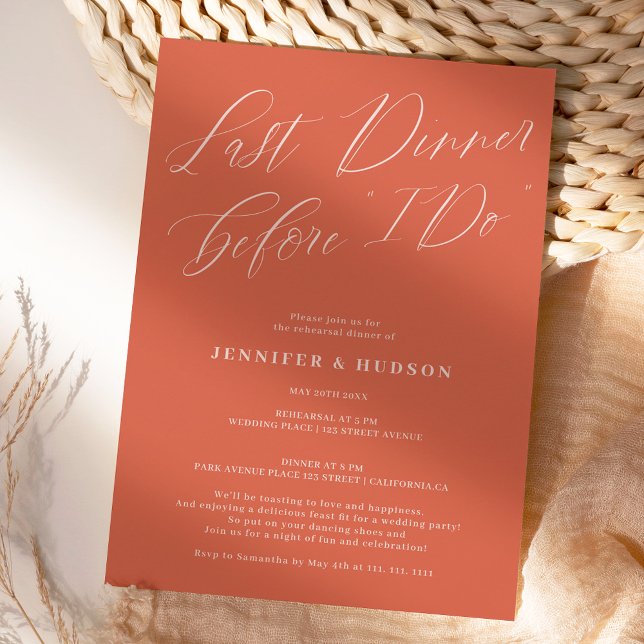 Last dinner terracotta wedding rehearsal dinner invitation (Creator Uploaded)