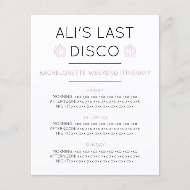LAST DISCO BACHELORETTE ITINERARY Paper Sheet (Front)