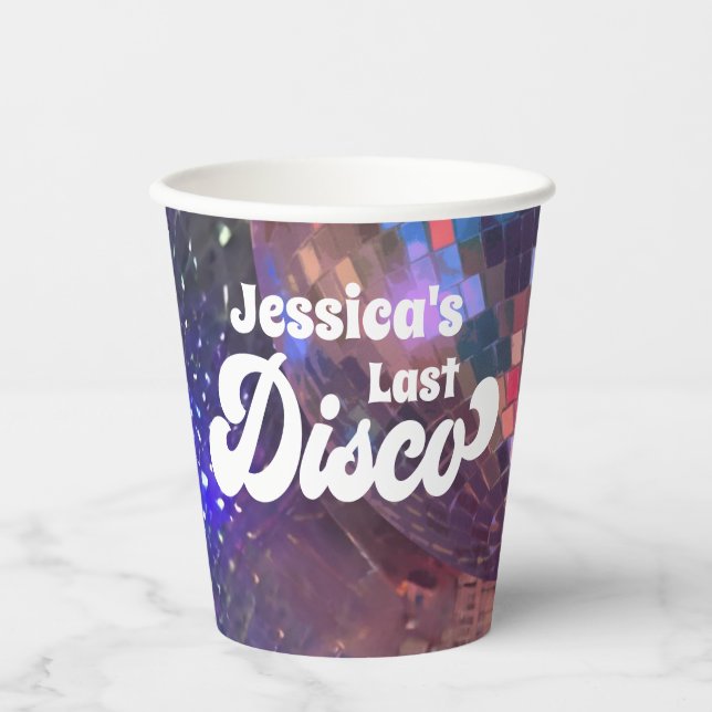 Last Disco Bachelorette Party Purple Mirror Ball Paper Cups (Front)