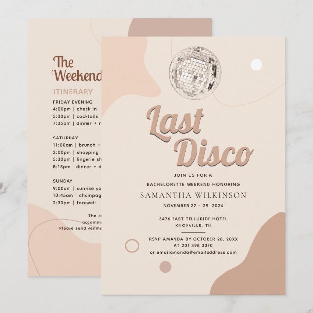 Last Disco Bachelorette Retro 70 Weekend Itinerary Invitation (Front/Back)
