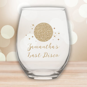 Last Disco Golden Retro Personalised Bachelorette Stemless Wine Glass