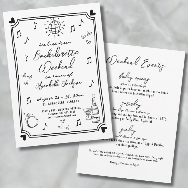 Last Disco Hand Drawn Bachelorette Party Invitation (Last Disco Hand Drawn Bachelorette Party Invitation)