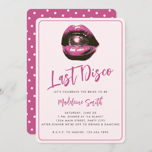 Last Disco Hot Pink Sassy Fun Bachelorette Party Invitation (Front/Back)