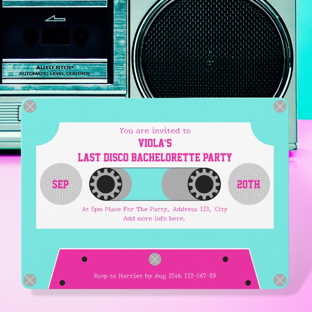Last Disco Pink And Turquoise Retro Cassette Tape  Invitation (last disco cassette tape bachelorette party invitation pink and turquoise silver disco ball retro)