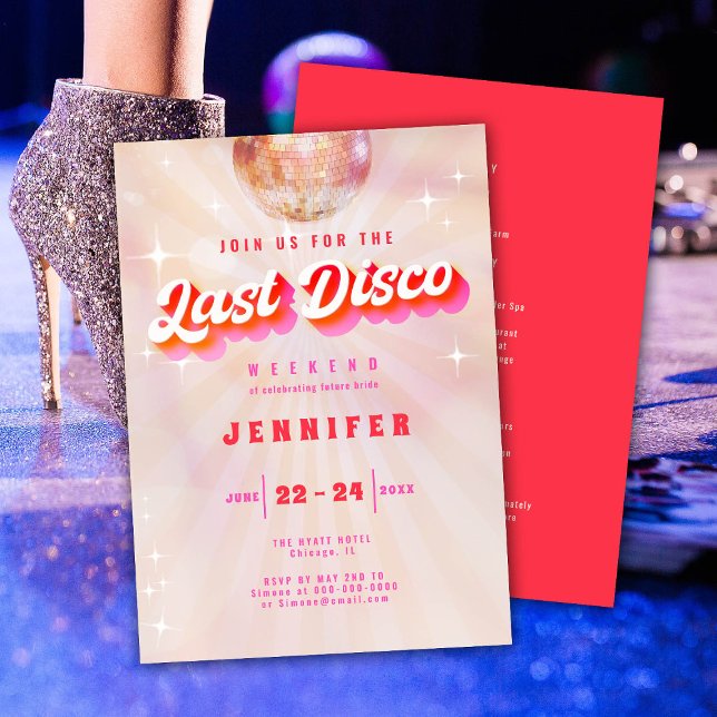 Last Disco Pink Red Retro Bachelorette Weekend Invitation (Creator Uploaded)