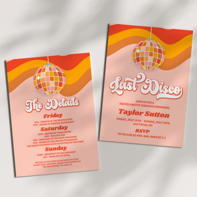 Last Disco Retro 70s Bachelorette Weekend Party Invitation (Creator Uploaded)