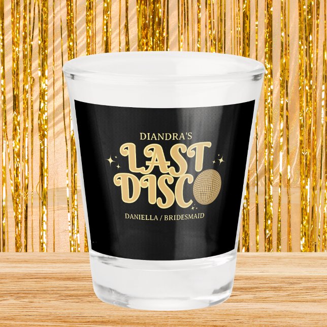 Last Disco Retro Black and Gold 70s Bachelorette  Shot Glass (Last disco golden glitter retro bachelorette party glass)