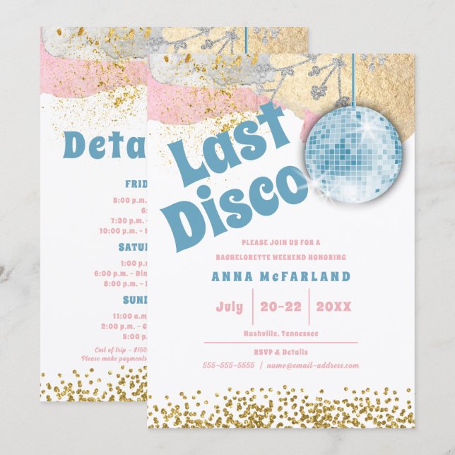 Last Disco Retro Glam Bachelorette Blue Gold Pink Invitation (Front/Back)