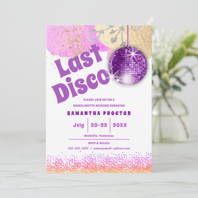 Last Disco Retro Glam Purple Gold Bachelorette Invitation (Standing Front)