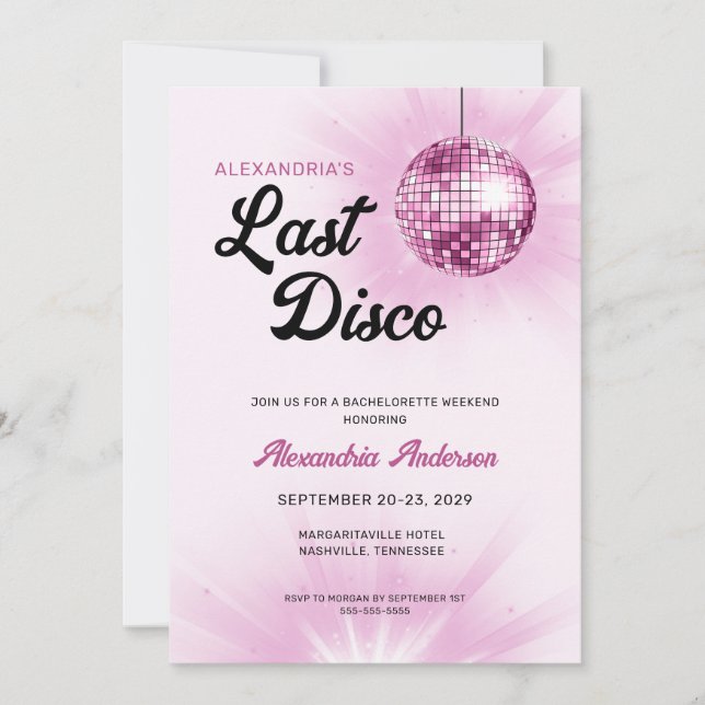 Last Disco Retro Pink Bachelorette Weekend Party Invitation (Front)