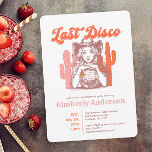 Last Disco Retro Pink Cowgirl Bachelorette Party  Invitation