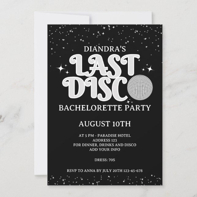 Last Disco Retro Silver Glitter 70s Bachelorette Invitation (Front)