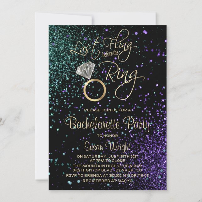 Last Fling Bachelorette Party in Teal & Purple Invitation (Front)