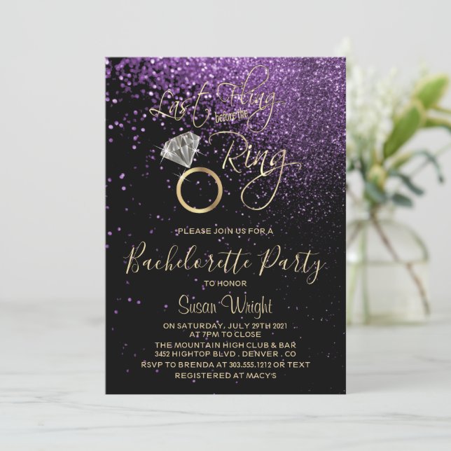 Last Fling Before the Ring Bachelorette Purple Invitation (Standing Front)