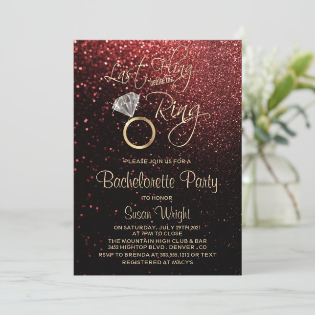 Last Fling Before the Ring Bachelorette Red  Invitation (Standing Front)