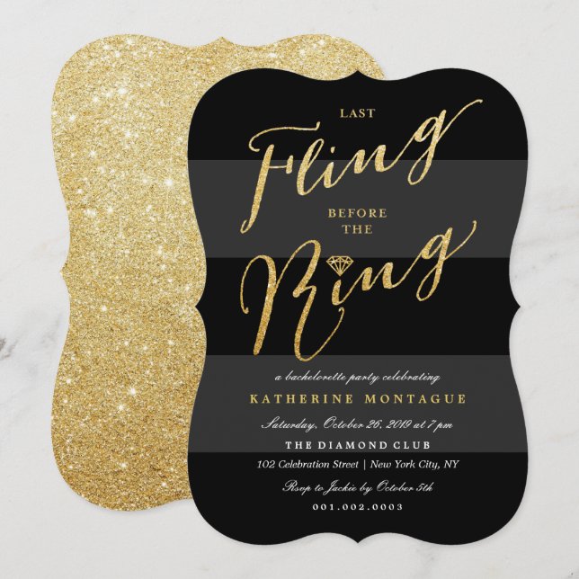 Last Fling Before The Ring Chic Bachelorette Party Invitation (Front/Back)