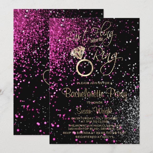 Last Fling Before the Ring  Pink - Silver Invitation (Front/Back)