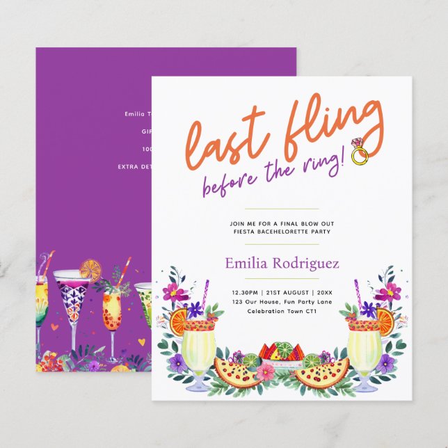 Last Fling Fiesta Cocktails Tacos Bachelorette (Front/Back)