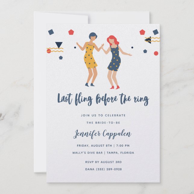Last Fling Girl's Dancing Bachelorette Party Invitation (Front)