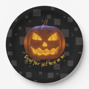 Last Meal Evil Pumpkin Orange Black Grey Halloween Paper Plate