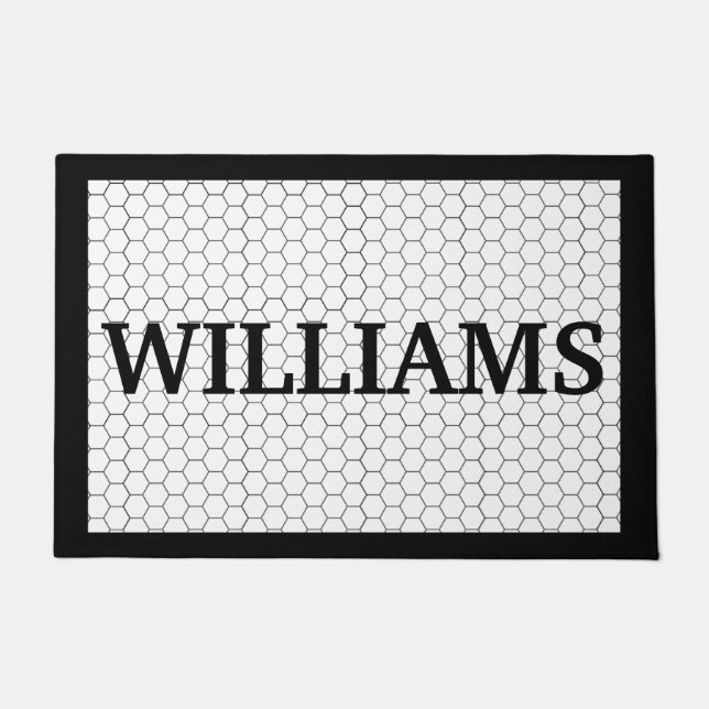 Last Name Black and White Tile Design Custom Doormat (Front)