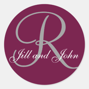 Last Name Initial R plus First Names Wine and Grey Classic Round Sticker