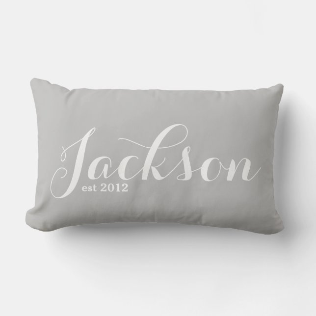 Last Name Lumbar Pillow Grey and White (Front)
