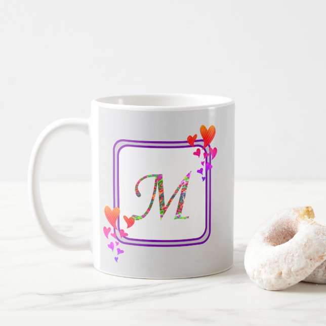 Last Name Purple Colourful Hearts Initial Monogram Coffee Mug (With Donut)
