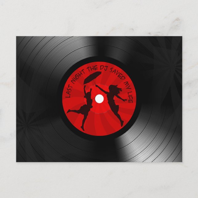 Last Night The DJ Saved My Life Vinyl Record Black Postcard (Front)