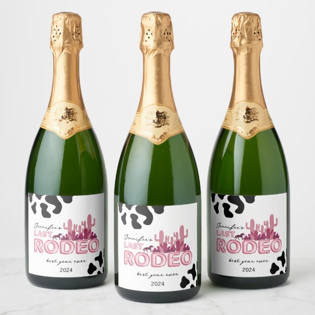 Last rodeo balloon font and cow print, Cowgirl  Sparkling Wine Label (Bottles)