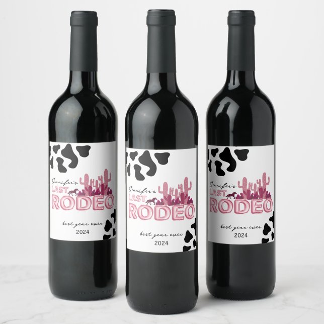 Last rodeo balloon font and cow print, cowgirl wine label (Bottles)