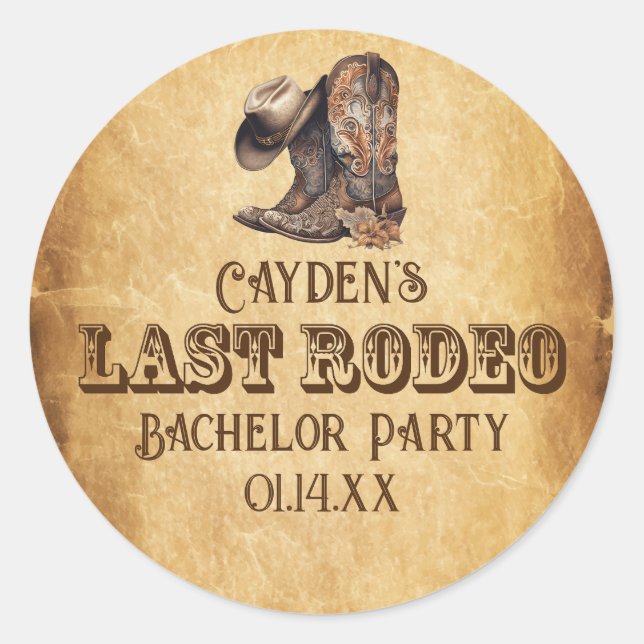 Last Rodeo Cowboy Bachelor Party Grunge Brown Classic Round Sticker (Front)